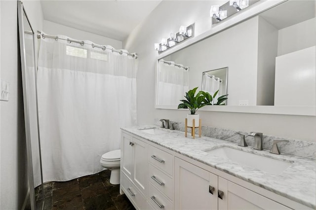 4 N Azalea Dr, Covington, LA 70433 - full bath featuring toilet, double vanity, stone finish flooring, and curtained shower