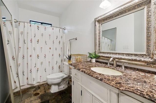 4 N Azalea Dr, Covington, LA 70433 - bathroom with vanity, stone finish flooring, toilet, and a shower with shower curtain