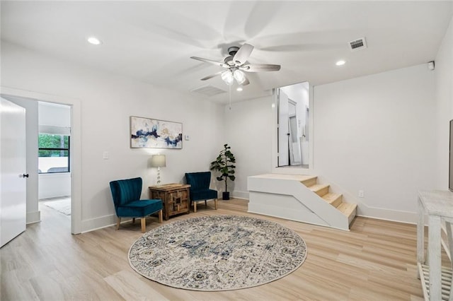 4 N Azalea Dr, Covington, LA 70433 - living area featuring a ceiling fan, light wood finished floors, baseboards, recessed lighting, and stairs