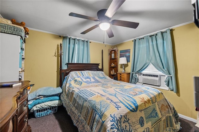 72272 Gurtner Dr, Abita Springs, LA 70420 - bedroom with carpet, a ceiling fan, cooling unit, ornamental molding, and baseboards