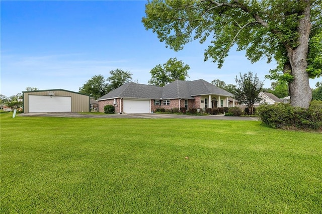 18332 Honeysuckle Dr, Ponchatoula, LA 70454 - view of front of property with a front lawn, a garage, brick siding, and an outbuilding