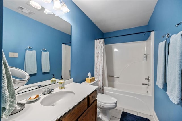 18332 Honeysuckle Dr, Ponchatoula, LA 70454 - bathroom featuring vanity, tile patterned flooring, toilet, and shower / tub combo with curtain