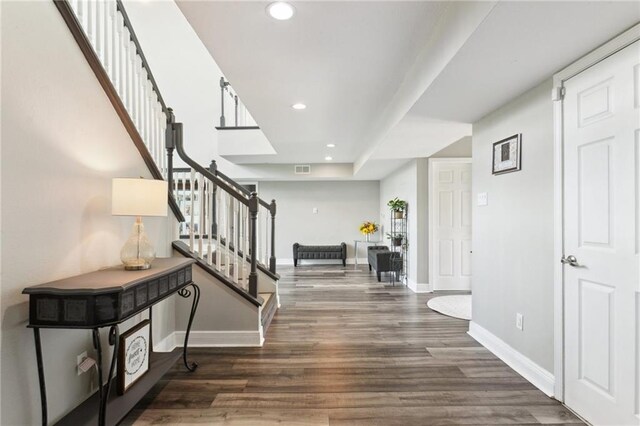91 Rosedown Dr, Destrehan, LA 70047 - entryway featuring stairway, recessed lighting, baseboards, and wood finished floors