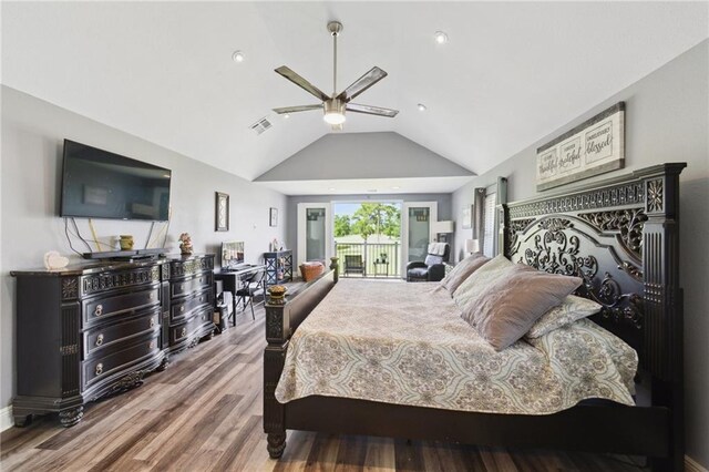 91 Rosedown Dr, Destrehan, LA 70047 - bedroom featuring access to outside, vaulted ceiling, wood finished floors, and a ceiling fan