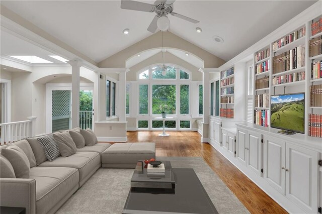 324 Fairway Dr, New Orleans, LA 70124 - living room with ceiling fan, light wood-style floors, recessed lighting, and vaulted ceiling