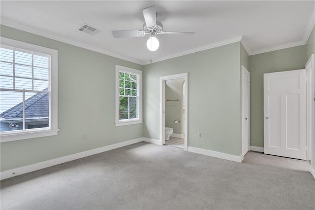 324 Fairway Dr, New Orleans, LA 70124 - unfurnished bedroom with light carpet, baseboards, ornamental molding, ensuite bathroom, and a ceiling fan
