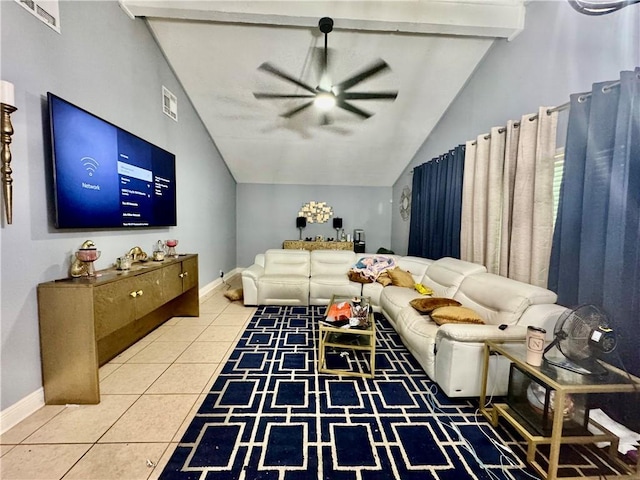 120 Whisperwood Blvd, Slidell, LA 70458 - living area with a ceiling fan, vaulted ceiling, tile patterned floors, and baseboards