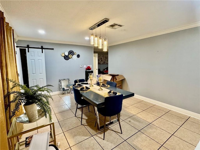120 Whisperwood Blvd, Slidell, LA 70458 - dining area featuring light tile patterned floors, ornamental molding, a barn door, baseboards, and recessed lighting