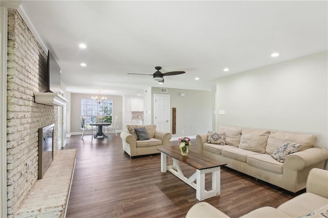 2351 Ormond Blvd, Destrehan, LA 70047 - living area with a chandelier, ceiling fan, recessed lighting, dark wood finished floors, and baseboards