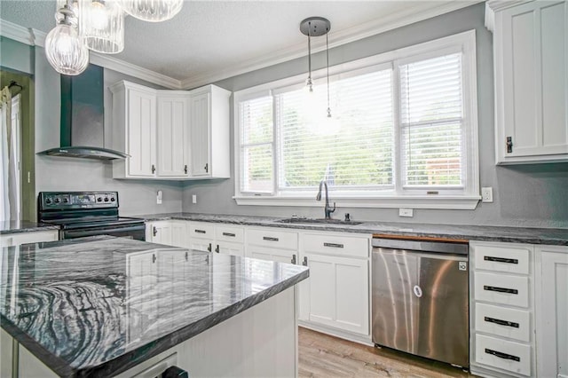 115 Devereux Dr, Slidell, LA 70461 - kitchen with dishwasher, black electric range, a sink, ornamental molding, and white cabinetry
