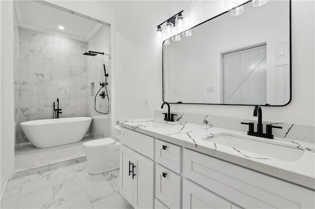 3507 Danneel St, New Orleans, LA 70115 - full bathroom with marble finish floors, double vanity, a freestanding tub, and recessed lighting