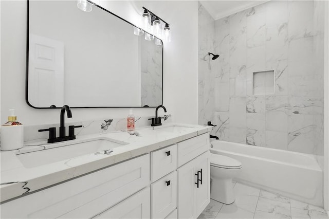 3507 Danneel St, New Orleans, LA 70115 - bathroom featuring marble look tile flooring, double vanity, and tub / shower combination