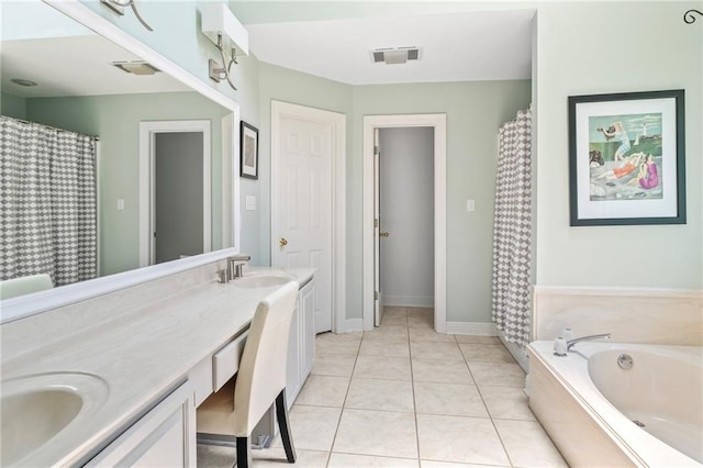 1833 Octavia Dr, Mandeville, LA 70448 - full bathroom featuring double vanity, a garden tub, curtained shower, and tile patterned flooring
