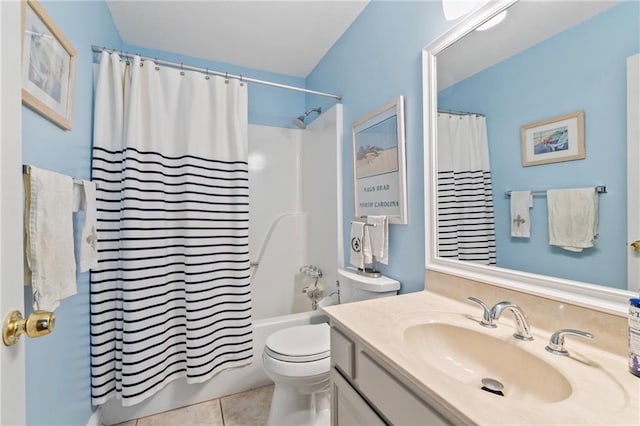 1833 Octavia Dr, Mandeville, LA 70448 - bathroom with vanity, shower / bathtub combination with curtain, toilet, and tile patterned floors