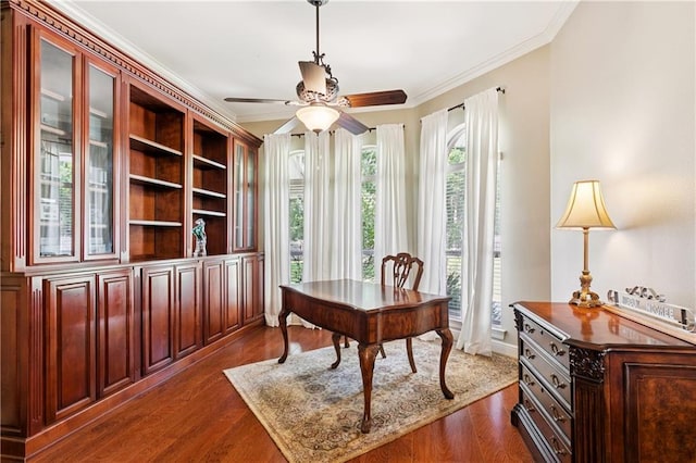 209 Partridge Rd, Slidell, LA 70461 - office space with ornamental molding, ceiling fan, and dark wood-style flooring