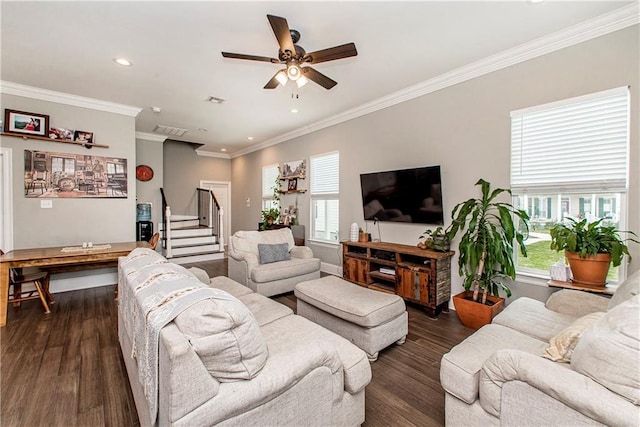 5 Leeward Ct, New Orleans, LA 70131 - living area with a ceiling fan, dark wood-type flooring, ornamental molding, recessed lighting, and stairway