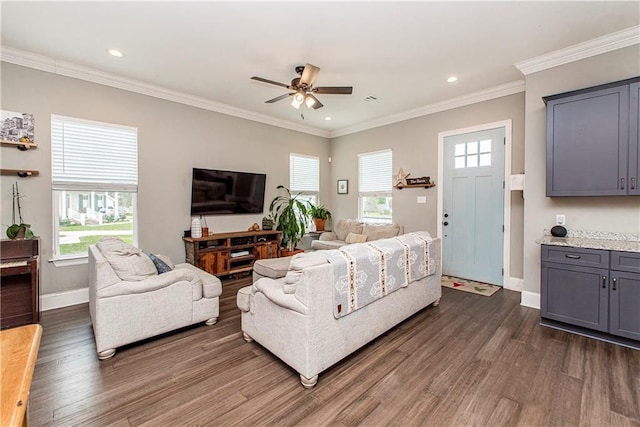 5 Leeward Ct, New Orleans, LA 70131 - living area with ceiling fan, plenty of natural light, dark wood finished floors, recessed lighting, and crown molding