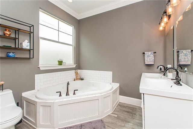 5 Leeward Ct, New Orleans, LA 70131 - full bath featuring ornamental molding, a bath, double vanity, and wood finished floors