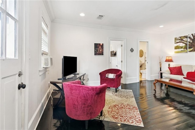 1030 Kerlerec St Unit 4, New Orleans, LA 70116 - living room featuring crown molding, wood finished floors, baseboards, recessed lighting, and cooling unit