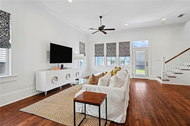 1215 Saint Andrew St, New Orleans, LA 70130 - living room featuring ornamental molding, a ceiling fan, stairs, hardwood / wood-style flooring, and baseboards