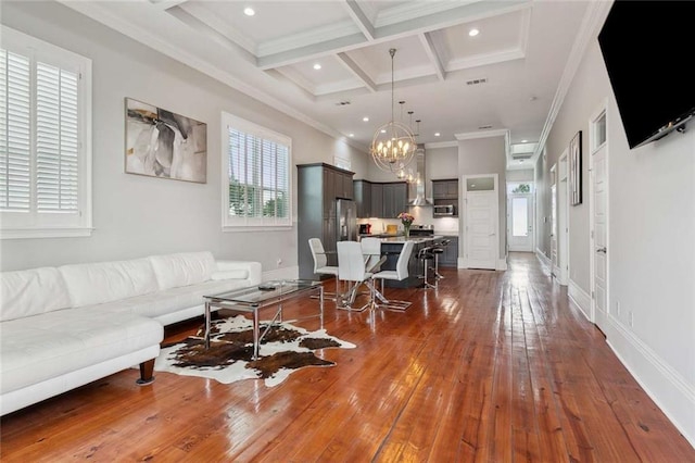 4823 Dreux Ave, New Orleans, LA 70126 - living room with a chandelier, ornamental molding, dark wood-style floors, beam ceiling, and coffered ceiling