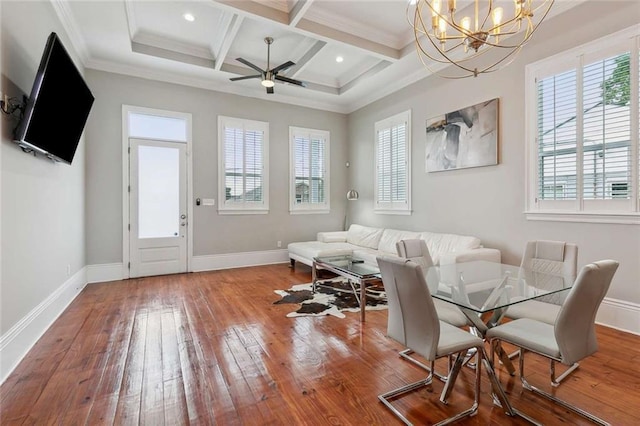 4823 Dreux Ave, New Orleans, LA 70126 - dining space featuring wood-type flooring, coffered ceiling, baseboards, healthy amount of natural light, and ornamental molding