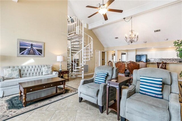 1163 Marina Dr Unit 1163, Slidell, LA 70458 - living area with a ceiling fan, stairway, high vaulted ceiling, beamed ceiling, and a chandelier