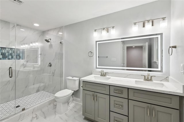 903 N Turnbull Dr, Metairie, LA 70001 - full bathroom with marble look tiles, double vanity, a marble finish shower, and recessed lighting