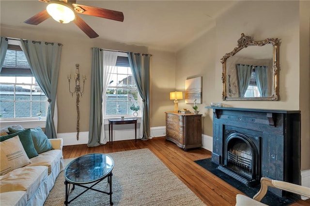 515 Saint Louis St Unit 6, New Orleans, LA 70130 - living area featuring plenty of natural light, wood finished floors, ceiling fan, and a fireplace with flush hearth