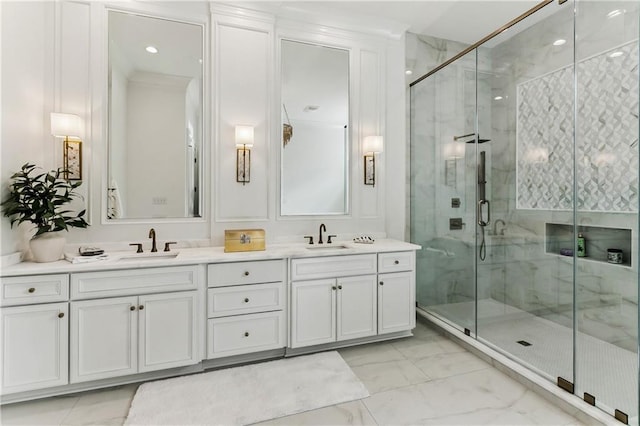1617 Homer St, Metairie, LA 70005 - bathroom featuring marble finish floors, double vanity, and a marble finish shower
