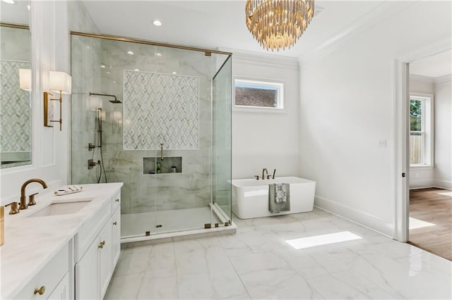 1617 Homer St, Metairie, LA 70005 - full bathroom with a soaking tub, vanity, a marble finish shower, ornamental molding, and baseboards