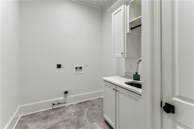1617 Homer St, Metairie, LA 70005 - laundry area featuring washer hookup, baseboards, cabinet space, gas dryer hookup, and ornamental molding