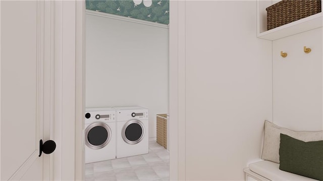 1617 Homer St, Metairie, LA 70005 - laundry area with separate washer and dryer, light floors, and wallpapered walls