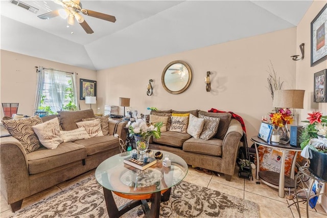 9101-9103 Atreus St, Chalmette, LA 70043 - living room with vaulted ceiling, tile patterned floors, and ceiling fan
