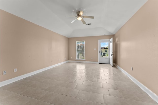 9101-9103 Atreus St, Chalmette, LA 70043 - empty room featuring ceiling fan, baseboards, light tile patterned floors, and lofted ceiling