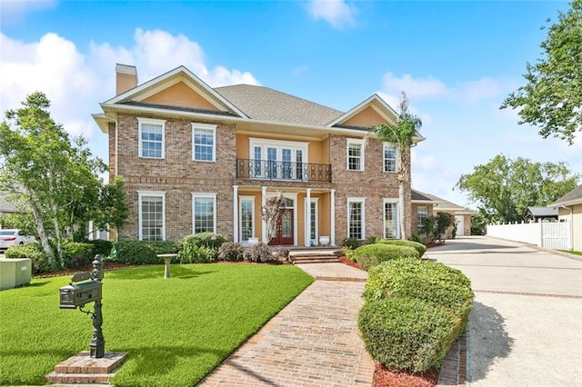 5 Asterbrook Ct, Harvey, LA 70058 - georgian-style home with a balcony, french doors, a chimney, and brick siding