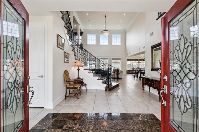 5 Asterbrook Ct, Harvey, LA 70058 - foyer featuring stairway, ornamental molding, baseboards, recessed lighting, and a chandelier
