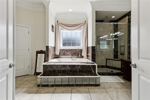 5 Asterbrook Ct, Harvey, LA 70058 - bathroom featuring a stall shower, a bath, and ornamental molding