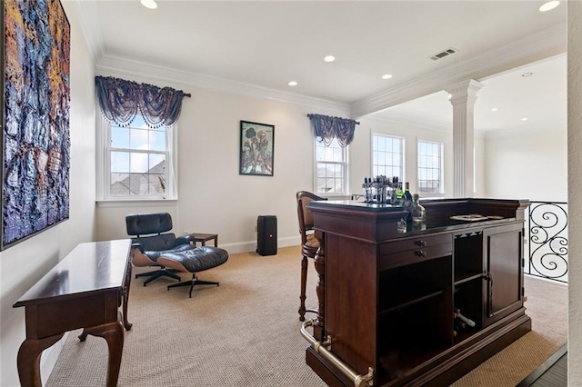 5 Asterbrook Ct, Harvey, LA 70058 - home office featuring light colored carpet, plenty of natural light, ornate columns, crown molding, and recessed lighting