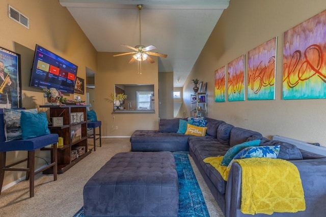 2425 Oxford Pl Unit 139, Gretna, LA 70056 - carpeted living room featuring a ceiling fan, high vaulted ceiling, and baseboards