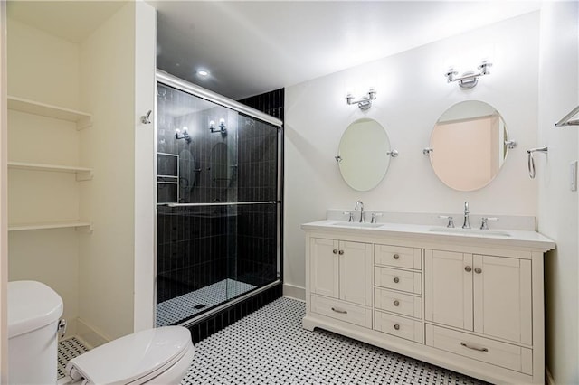 532 Elmira Ave, New Orleans, LA 70114 - bathroom with toilet, a stall shower, double vanity, and baseboards