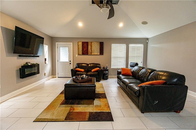 7510 Branch Dr, New Orleans, LA 70128 - living area featuring lofted ceiling, ceiling fan, baseboards, light tile patterned floors, and recessed lighting
