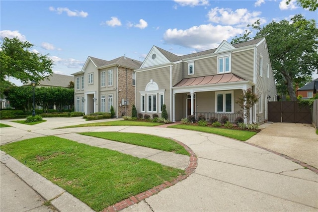 404 Atherton Dr, Metairie, LA 70005 - view of front of home featuring curved driveway, covered porch, a standing seam roof, and metal roof