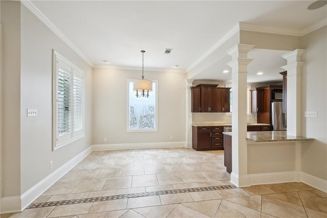 404 Atherton Dr, Metairie, LA 70005 - kitchen with freestanding refrigerator, decorative backsplash, baseboards, recessed lighting, and ornamental molding