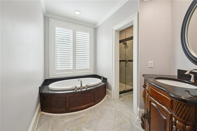 404 Atherton Dr, Metairie, LA 70005 - full bathroom with a stall shower, a garden tub, vanity, ornamental molding, and marble finish floors