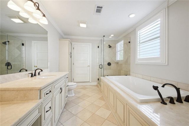 404 Atherton Dr, Metairie, LA 70005 - full bath with a stall shower, vanity, toilet, a bath, and crown molding