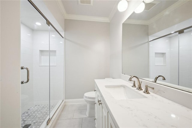 404 Atherton Dr, Metairie, LA 70005 - full bath with toilet, ornamental molding, vanity, a stall shower, and tile patterned flooring