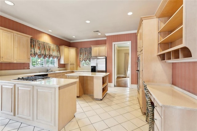 9816 Elm Pl, River Ridge, LA 70123 - kitchen featuring open shelves, stainless steel appliances, a sink, light brown cabinets, and recessed lighting