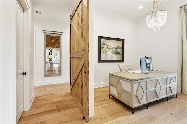 28 Wax Myrtle Ln, Covington, LA 70433 - hall with a barn door, a chandelier, light wood-type flooring, an office area, and ornamental molding
