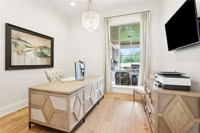 28 Wax Myrtle Ln, Covington, LA 70433 - office space featuring light wood-type flooring, a chandelier, crown molding, baseboards, and recessed lighting